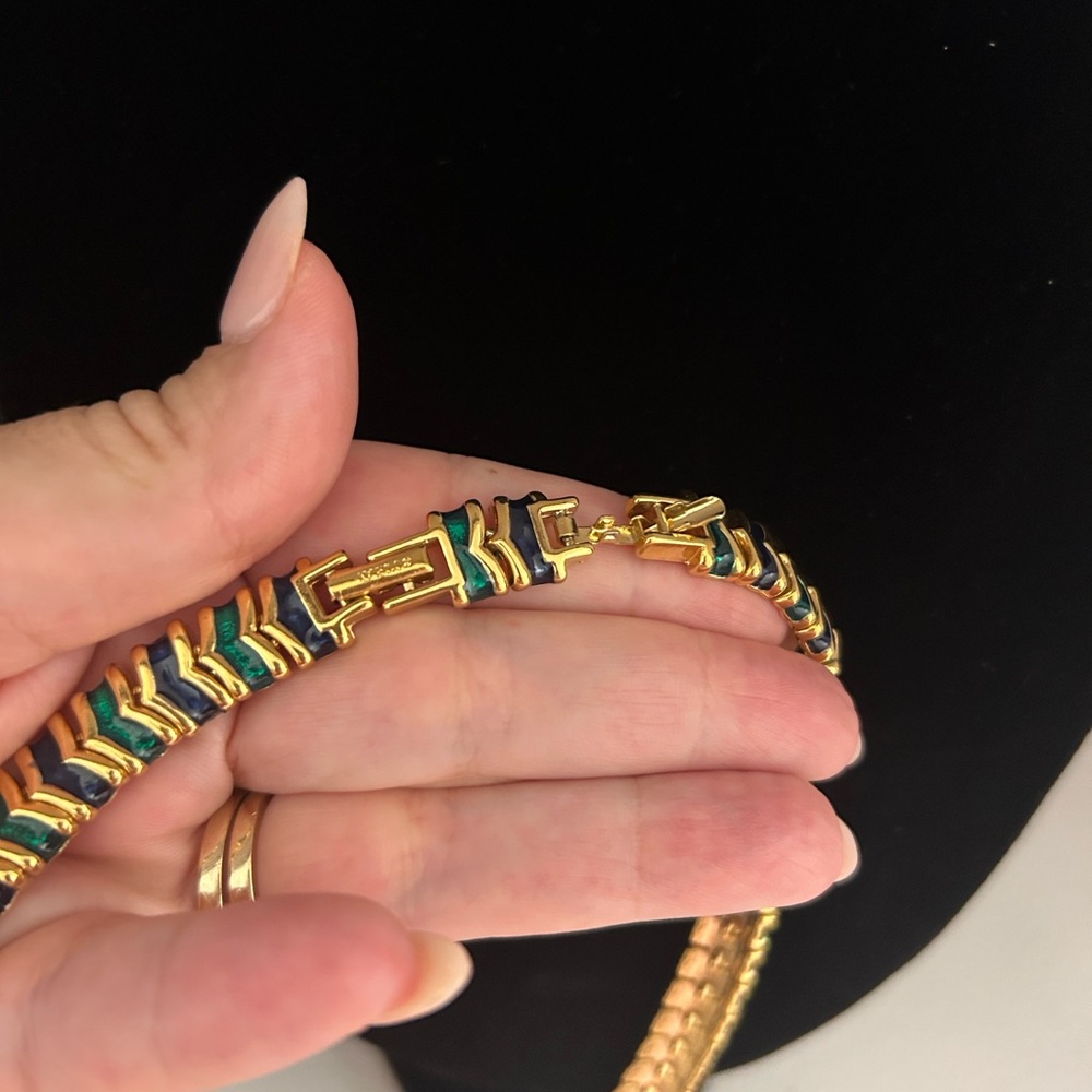 D’ORLAN 2 Clasp! Adjustable Elegant Gold, Emerald Green & Navy Necklace - Picture 7 of 15